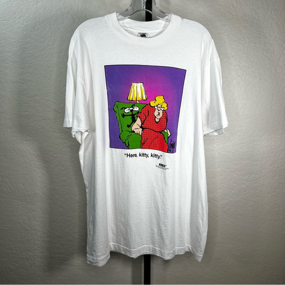Vintage 80s HERMAN Jim Unger 1988 Here Kitty Cartoon Comic Graffic T-Shirt XL - Picture 2 of 8